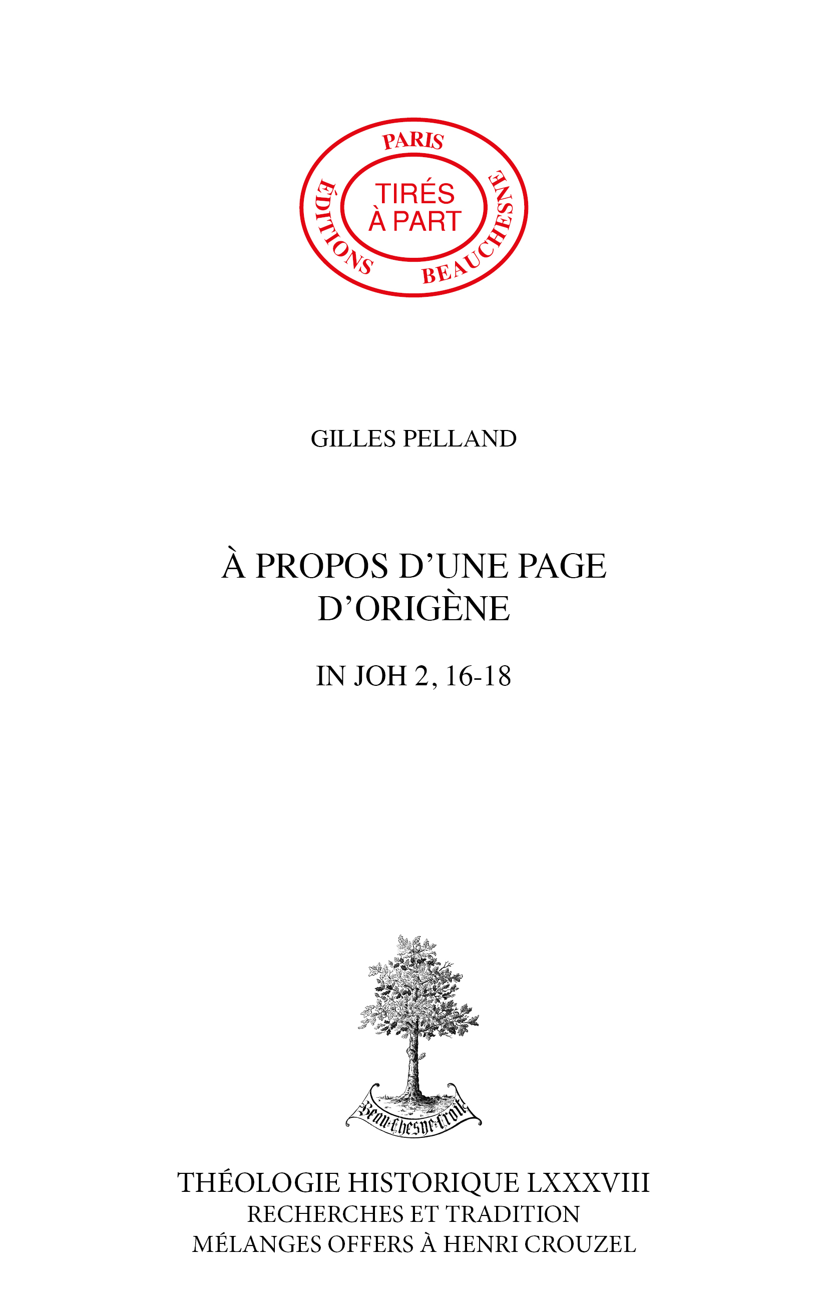 A PROPOS D\'UNE PAGE D\'ORIGÈNE. IN JN 2, 16-18